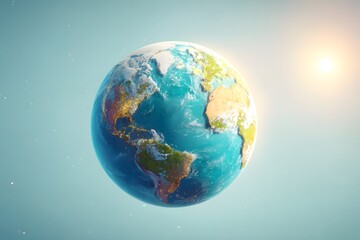 Fototapeta premium 3D cartoon planet Earth with sun in the background, vector illustration, wide-angle lens, high resolution, super-realistic,