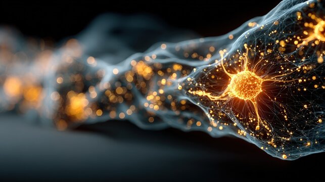 Neural network visualization, glowing gold nodes connected by translucent strands