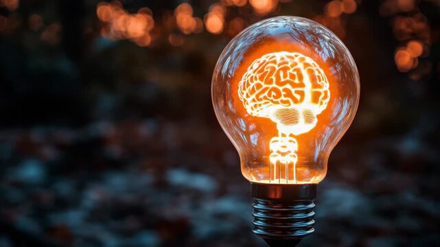 A light bulb with a glowing brain filament symbolizing innovation and creativity