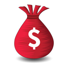 Money bag icons on white background. Red sack of dollar coins. Flat money bag vector illustration. Banknotes, American coin sack sign business concept. Finance icon, business icon, save money icon