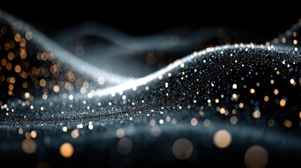 Flowing, rippling silver surface with golden particle bokeh effect on black