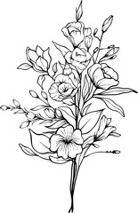 Detailed black and white bouquet with large blooms, fine lined leaves, and buds ideal for nature-themed content, botanical studies, or minimalist visual storytelling