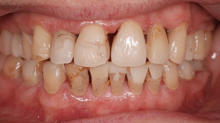 Obraz premium Close-up of upper dental arch showing severe enamel crown destruction on anterior teeth due to poor oral hygiene and advanced decay. Aesthetic and dental health concept with occlusal perspective