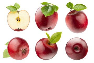 Red apples and green leaves - rich collection, whole, cut on half, pieces with green leaves, bunches, different sides isolated white background. Studio shot. Summer bright fruits as design elements.