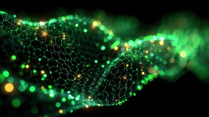Wavy green hexagonal grid with bright bokeh against black background