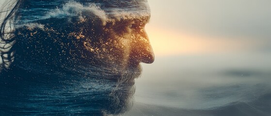 A surreal double exposure of a man's silhouette blending with turbulent ocean waves and stormy clouds, symbolizing inner turmoil, mental health themes, or artistic storytelling 