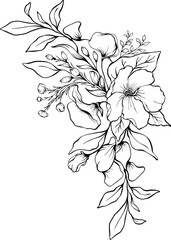 Detailed black and white bouquet with large blooms, fine lined leaves, and buds ideal for nature-themed content, botanical studies, or minimalist visual storytelling