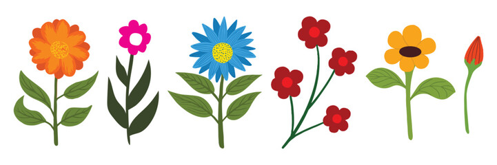 Set of hand drawn flowers with leaves. Summer flowers, spring flowers isolated on white background, floral design elements. Flower endless border vector illustration. Pink blossom beautiful flower 
