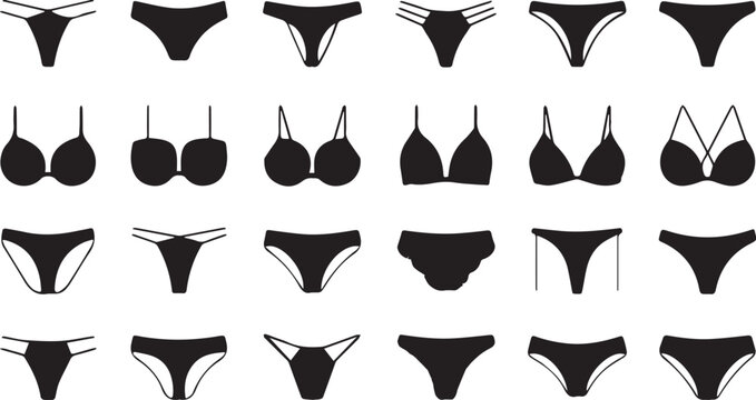 Collection of black silhouette icons featuring various styles of womens bikinis swimwear and lingerie