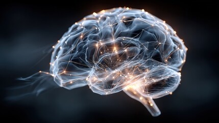 Translucent human brain model with glowing nodes and connecting lines