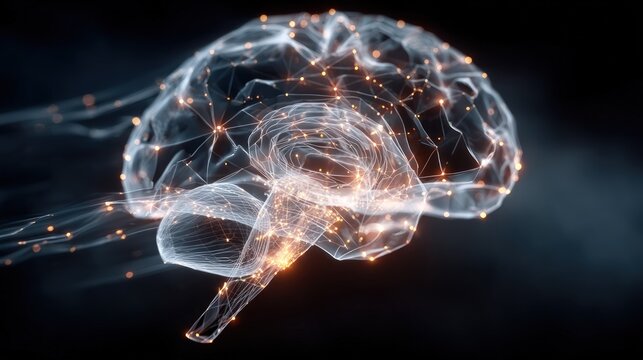 Glowing wireframe brain, neural network concept - Powered by Adobe