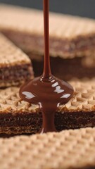 Obraz premium Melted chocolate pouring over wafers