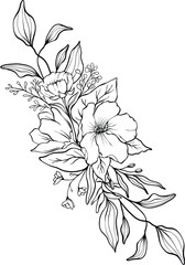 Detailed black and white bouquet with large blooms, fine lined leaves, and buds ideal for nature-themed content, botanical studies, or minimalist visual storytelling