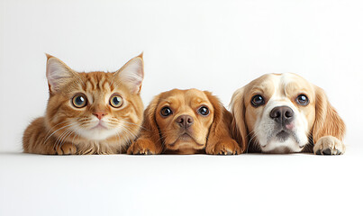 A ginger cat and two small dogs with brown and white fur lie side-by-side against a white background, looking directly at the viewer.