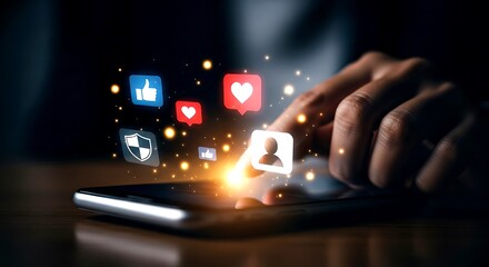 Hand touching smartphone screen with social media icons and glowing particles image 1