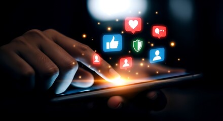 Hand touching smartphone screen with social media icons and glowing particles image
