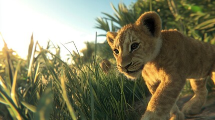 Lion Cub Playing in Gentle Morning Light