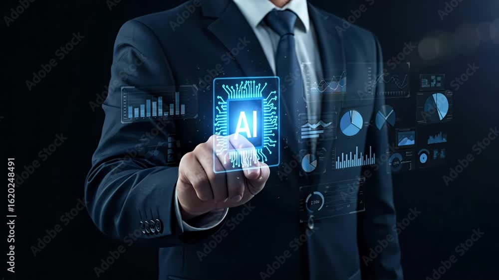 Aufkleber businessman in suit pressing virtual ai button on futuristic digital interface with data visualizati
