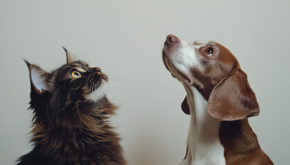 A cat and a dog looking upwards with curiosity against a neutral background.