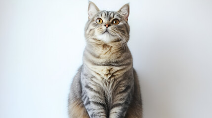 Obraz premium An adorable grey striped tabby cat sits and looks up with curiosity against a plain white background.