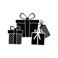 A collection of stylized black gift boxes with bows and tags isolated on white background isolated on transparent background