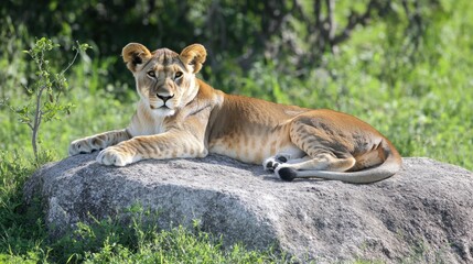 Lioness Resting on Rock in Savanna Sunlight
