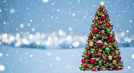 Sparkling Christmas Tree in Winter Snowfall