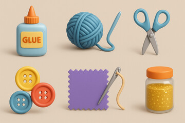 3D Crafting Essentials Icons Set – Glue, Yarn, Scissors, Beads & DIY Supplies