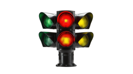 A modern traffic light angled slightly showcasing illuminated signals isolated on white background