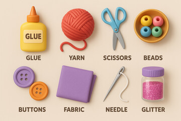 3D Crafting Essentials Icons Set – Glue, Yarn, Scissors, Beads & DIY Supplies