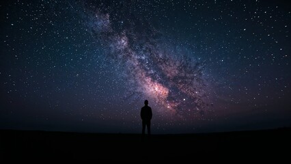 Fototapeta premium Silhouette of a person standing under a vibrant milky way filled with stars in a dark night sky view