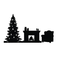 Cozy living room interior with a decorated christmas tree and glowing fireplace isolated on white background isolated on transparent background