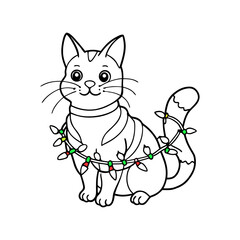 Cute cartoon cat wearing a christmas light garland isolated on white background isolated on transparent background