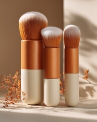 Modern makeup brushes with golden-brown handles