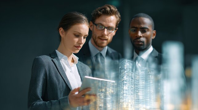 Business Professionals Reviewing Project: Three focused business professionals, with a architectural concept model, collaborate closely to analyze and review a project plan.
