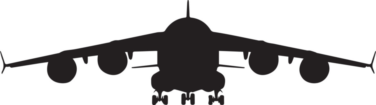 Frontal silhouette of a C17 Globemaster III military transport plane with high wings and four engines