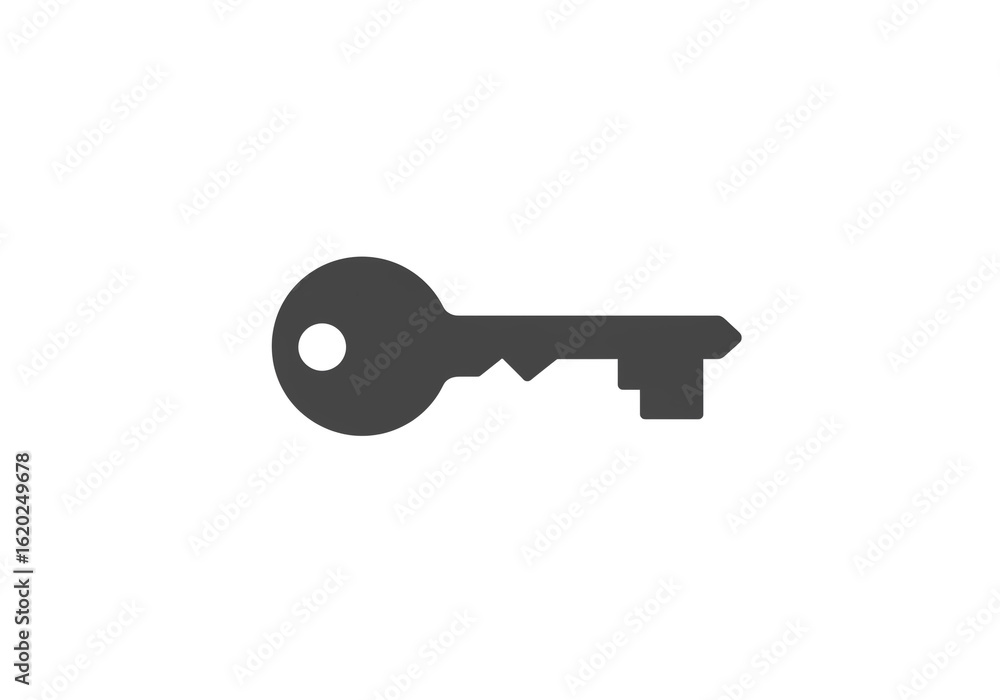 Poster a simple gray key icon on a white background with a circular head and jagged edge design shape