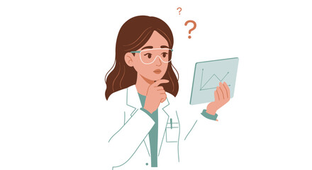 Woman in lab coat analyzing graph on tablet with question mark above her head in a white background