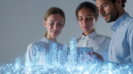 Visionary Urban Planning: A collaborative trio of forward-thinking professionals converges around an interactive digital display, contemplating the design of a futuristic cityscape.