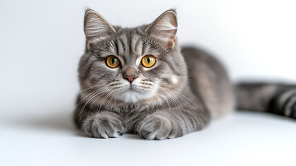 A gray tabby cat with bright yellow eyes is lying down with its paws tucked underneath, looking directly at the viewer.