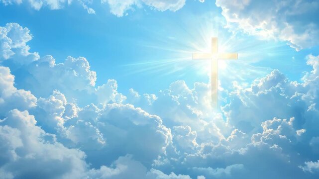 A bright cross shines in the sky surrounded by fluffy clouds and sunlight streaming through