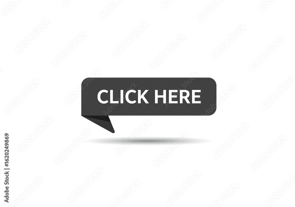 Poster a dark gray click here button with a speech bubble tail on a white background with a drop shadow