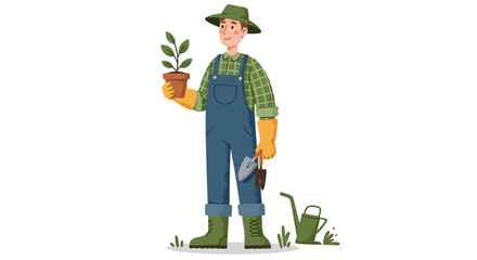 A gardener holding a potted plant with a shovel and watering can on a white background