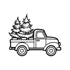 Vintage pickup truck silhouette carrying two festive christmas trees isolated on white background isolated on transparent background