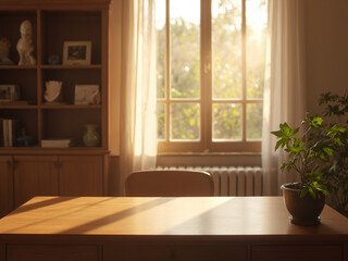 Sunlit Wooden Desk in Cozy Home Office by Window with Greenery
