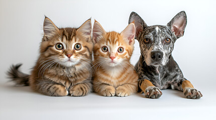 Three adorable kittens and a puppy pose together against a white background.