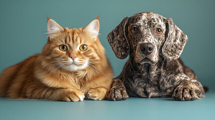 A fluffy ginger cat and a spotted dog lie side-by-side against a blue background, looking directly at the viewer.