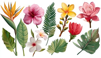 A vibrant collection of tropical flowers and lush green foliage, meticulously rendered in a realistic style against a clean white background, showcasing diverse blooms and leaves
