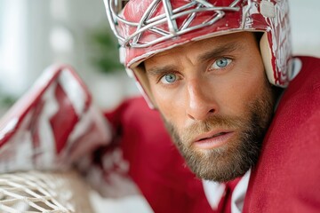 Close-up of a hockey goalie with blue eyes, wearing a red helmet and jersey, looking intensely forward. The helmet's metallic cage adds focus to his determined expression