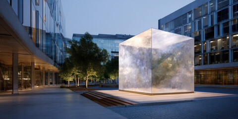 Illuminated transparent cube sculpture in modern urban plaza with glass buildings and trees at dusk